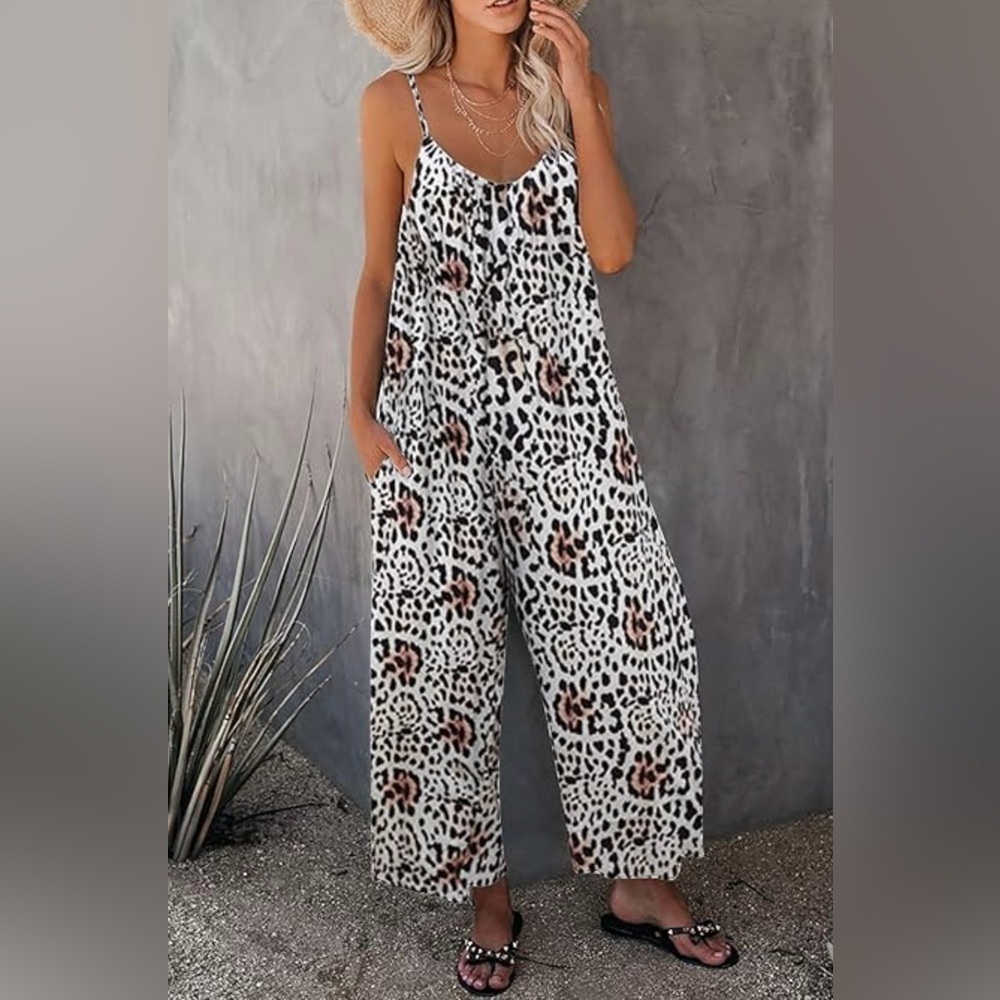 Womens V Neck Spaghetti Strap Leopard Print Brown One Piece Jumpsuit Size S